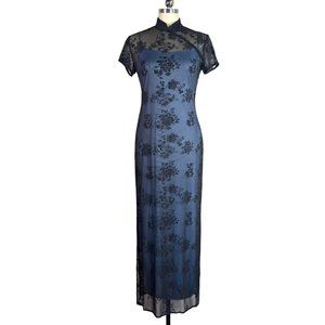 vintage 90s y2k black mesh maxi evening dress M sheer long cheongsam goth vtg